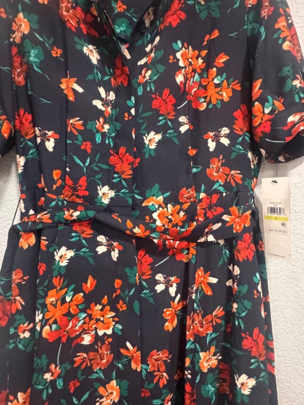 Calvin Klein Floral Belted Midi Dress Navy Orange Green MSRP $139 - Picture 6 of 9